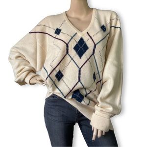❤️ SOLD ❤️ Pringle 100% Cashmere Grandpacore Vintage Sweater XL Oversized Argyle